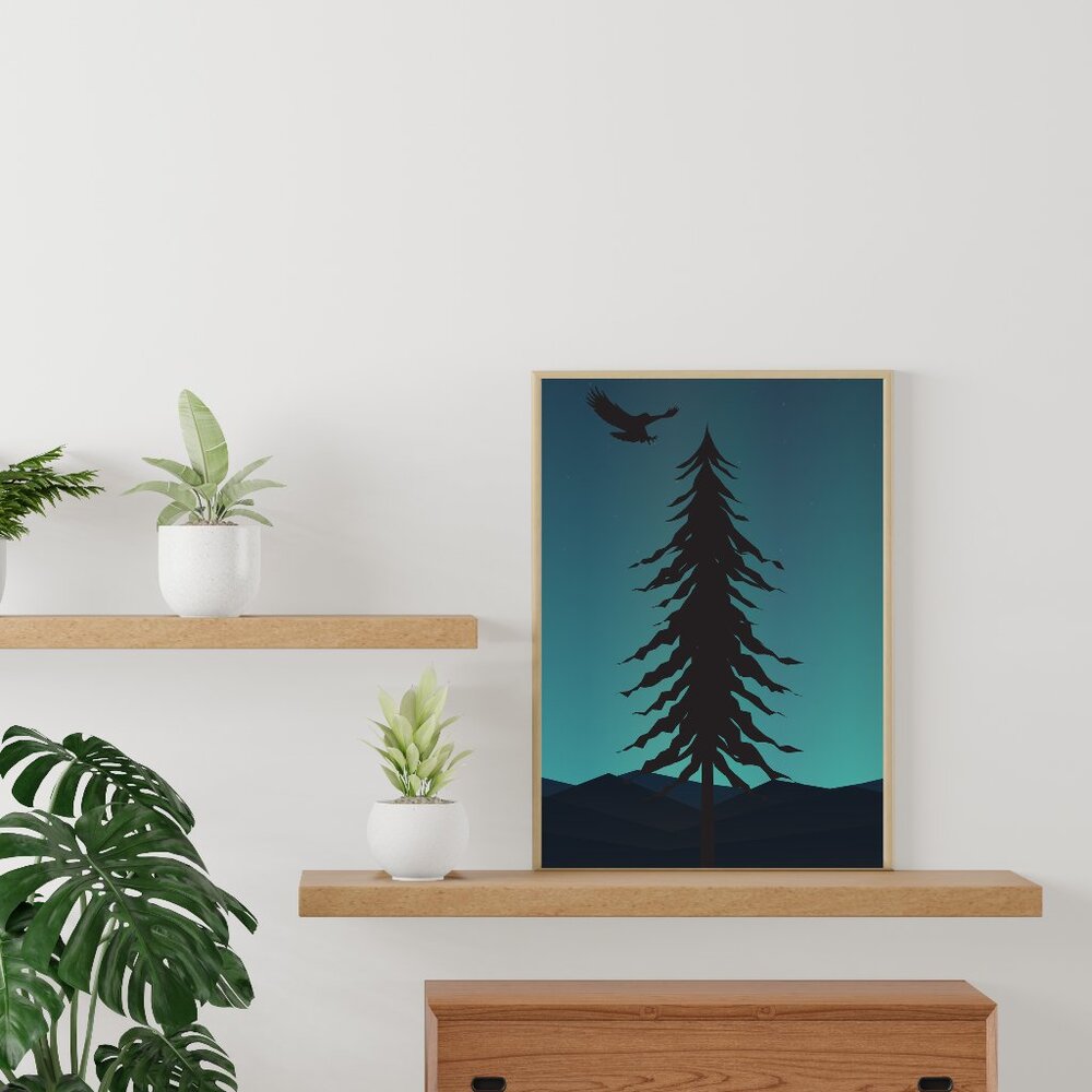 Night Cedar Tree Bird Art Print Wall Decor 8"x10"